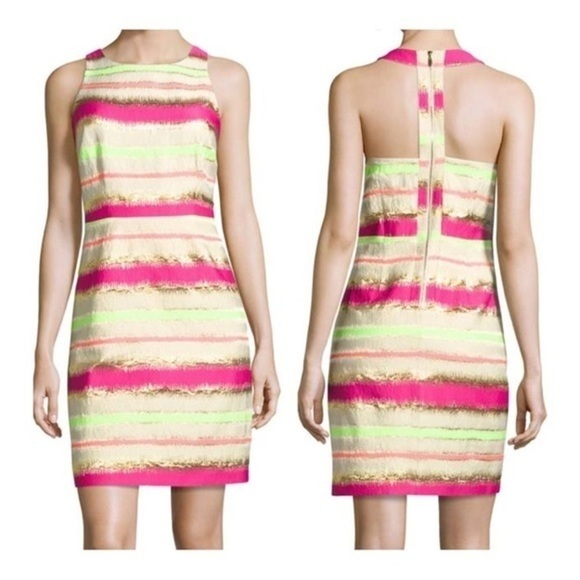 NWT Laundry Neon & Gold Stripe T back Dress 8 $225​ - Picture 1 of 8